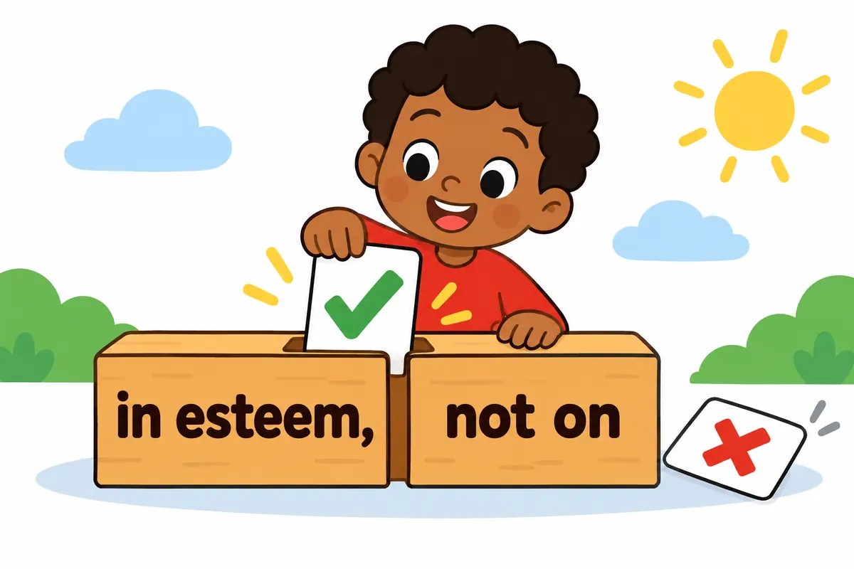 A cartoon child slides a card reading in into a sentence frame while a crossed card shows the wrong word on.