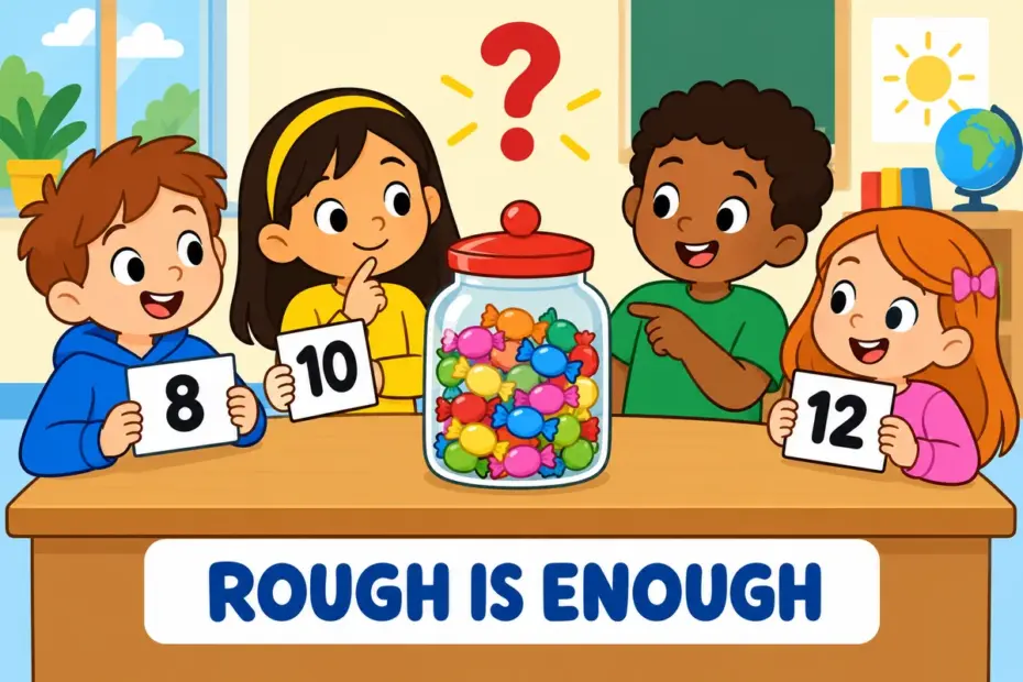 Cartoon children guess the number of sweets in a jar and hold up a card, showing estimate in a sentence as a rough judgement.