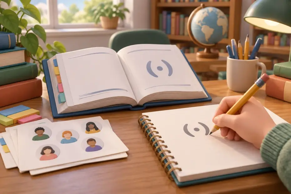 A hand writes abstract citation marks beside a blank style guide and portrait cards representing multiple authors.