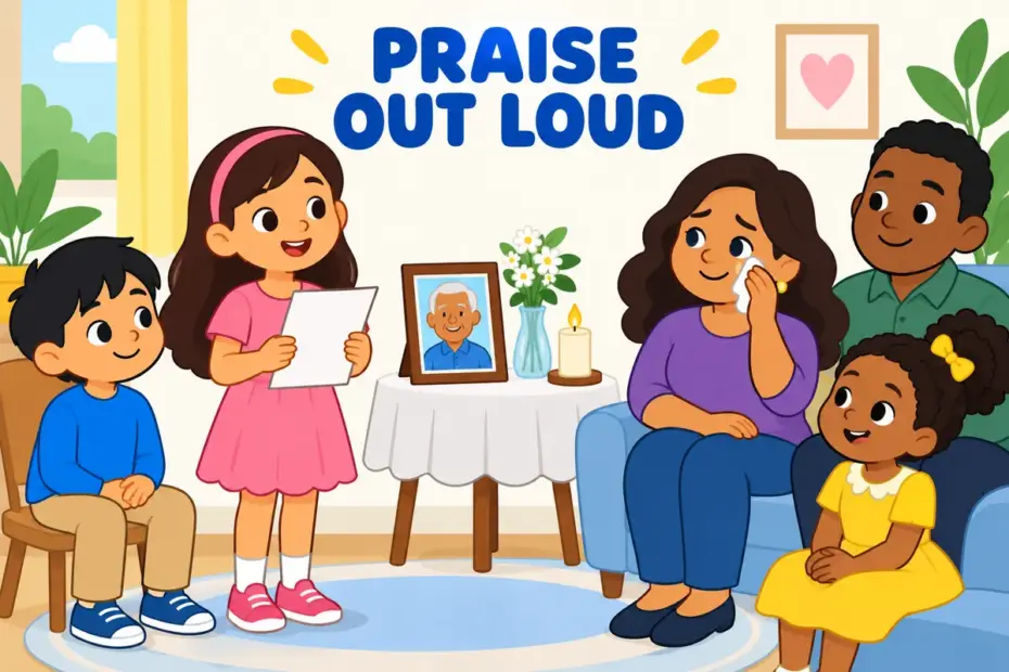 A cartoon child stands before family holding a page and speaking fondly, showing eulogize in a sentence as a warm tribute speech.