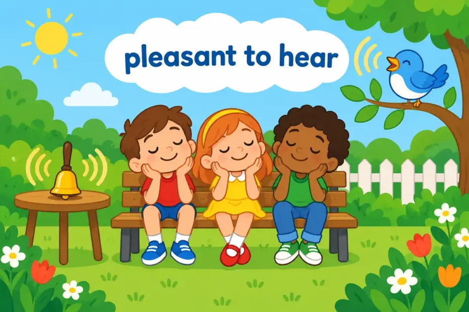 Cartoon children listen to a gentle bell and a singing bird, showing euphonious in a sentence as a sound that pleases the ear.