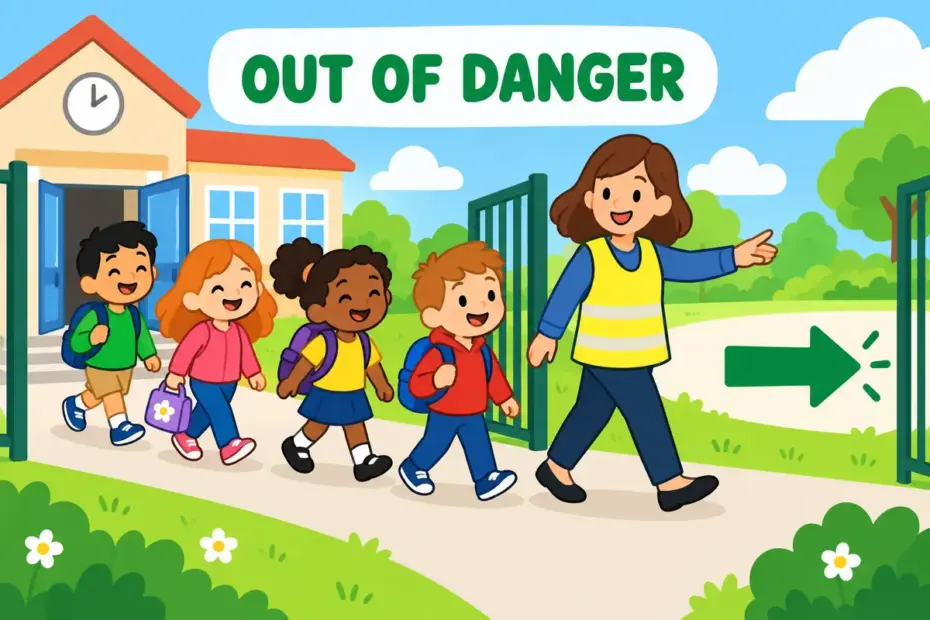 Cartoon families walk calmly out of a school building, illustrating evacuate in a sentence as moving people from danger.