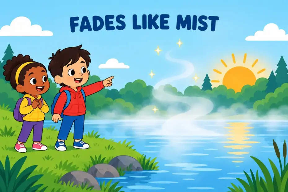 Cartoon children watch a soft mist dissolve above a pond at sunrise, showing evanescent in a sentence.