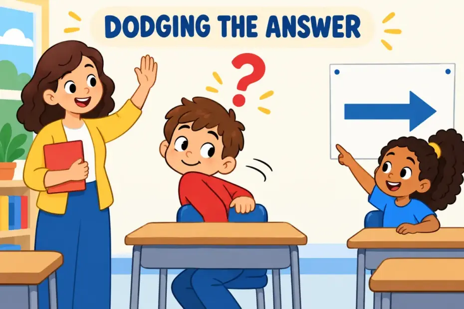 A cartoon child turns aside from a direct question, showing evasive in a sentence as avoiding a clear answer.