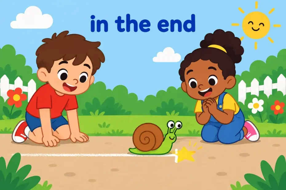 Cartoon children wait as a slow snail crosses a finish line, showing eventually in a sentence as an outcome after time.
