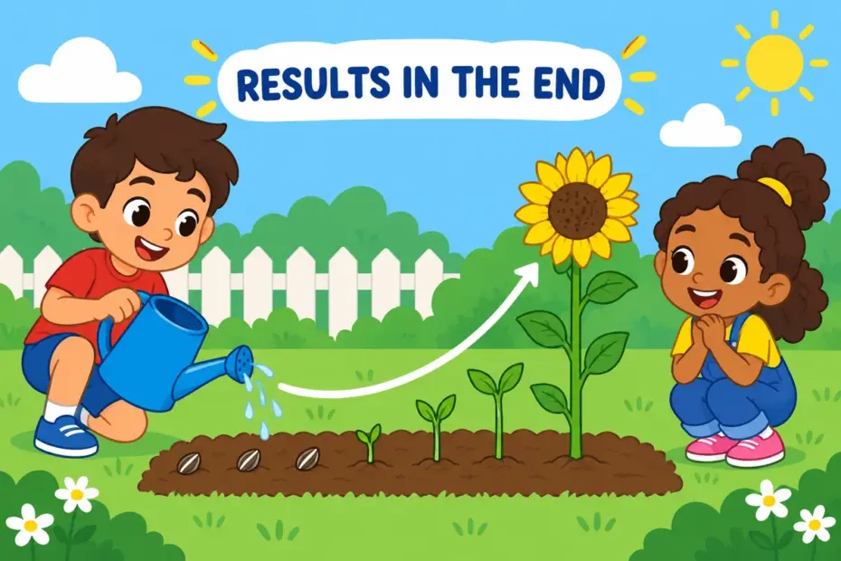 Cartoon children watch seeds grow into a plant, showing eventuate in a sentence as a process that ends in a result.