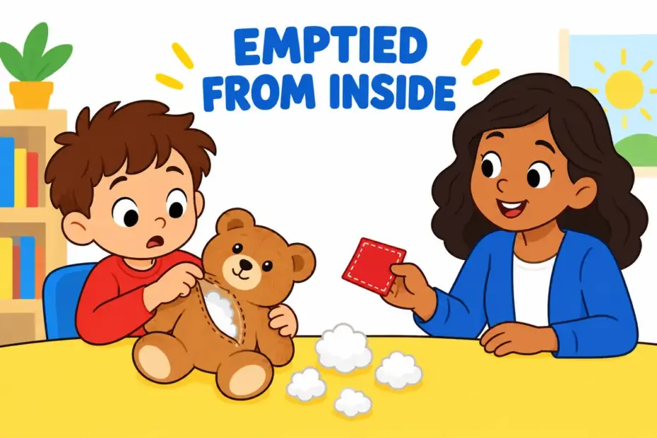 A plush toy with a loose seam shows eviscerate in a safe, symbolic way as removing what is inside.