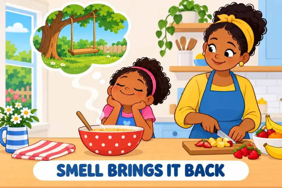 A cartoon girl smiles as a baking smell carries her back, showing evoke in a sentence as calling a memory to mind.