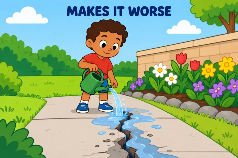 A cartoon child tips water onto a widening crack in a path, showing exacerbate in a sentence as making a problem worse.