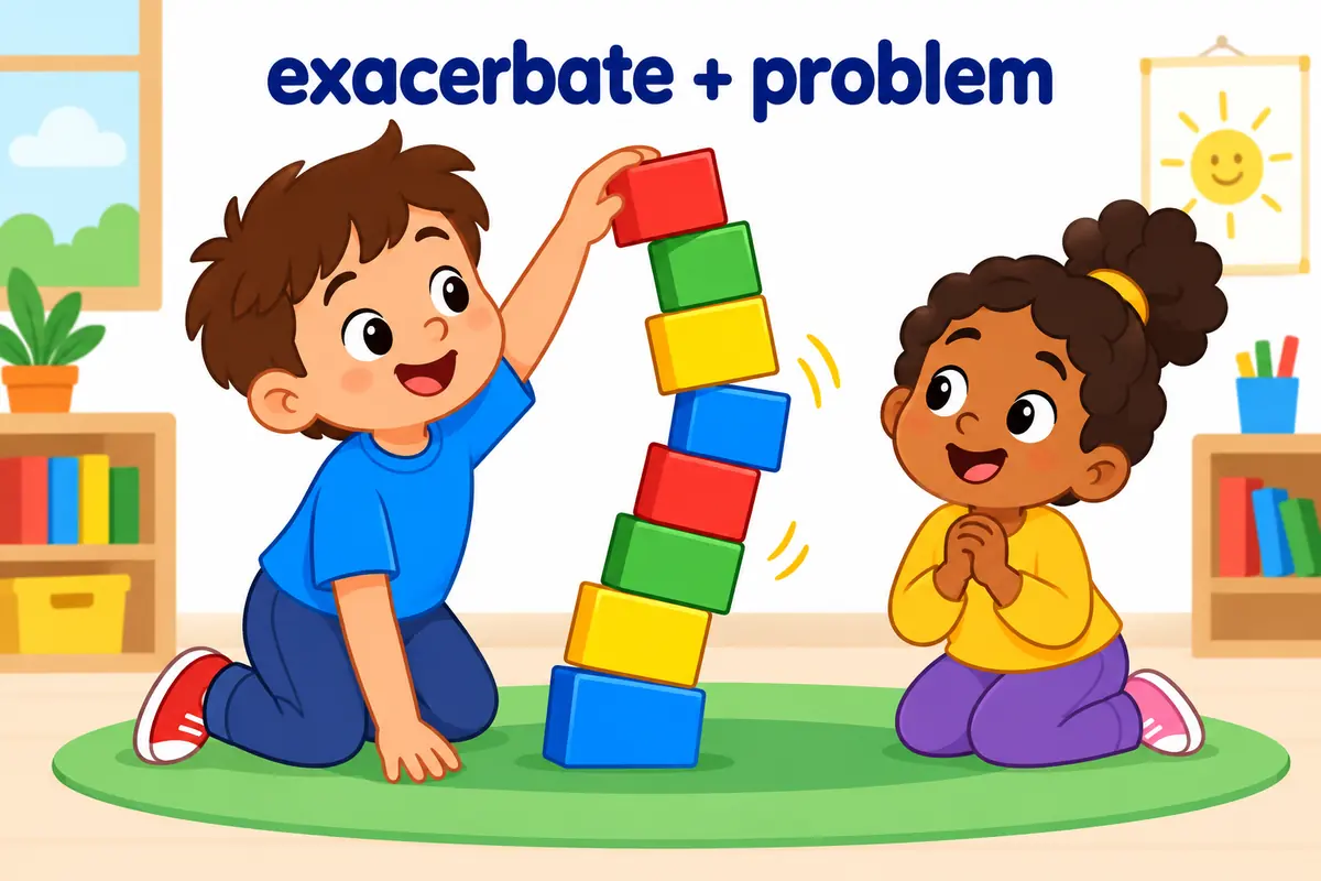 A child adds a block to a leaning tower, making the problem worse and illustrating exacerbate + problem.