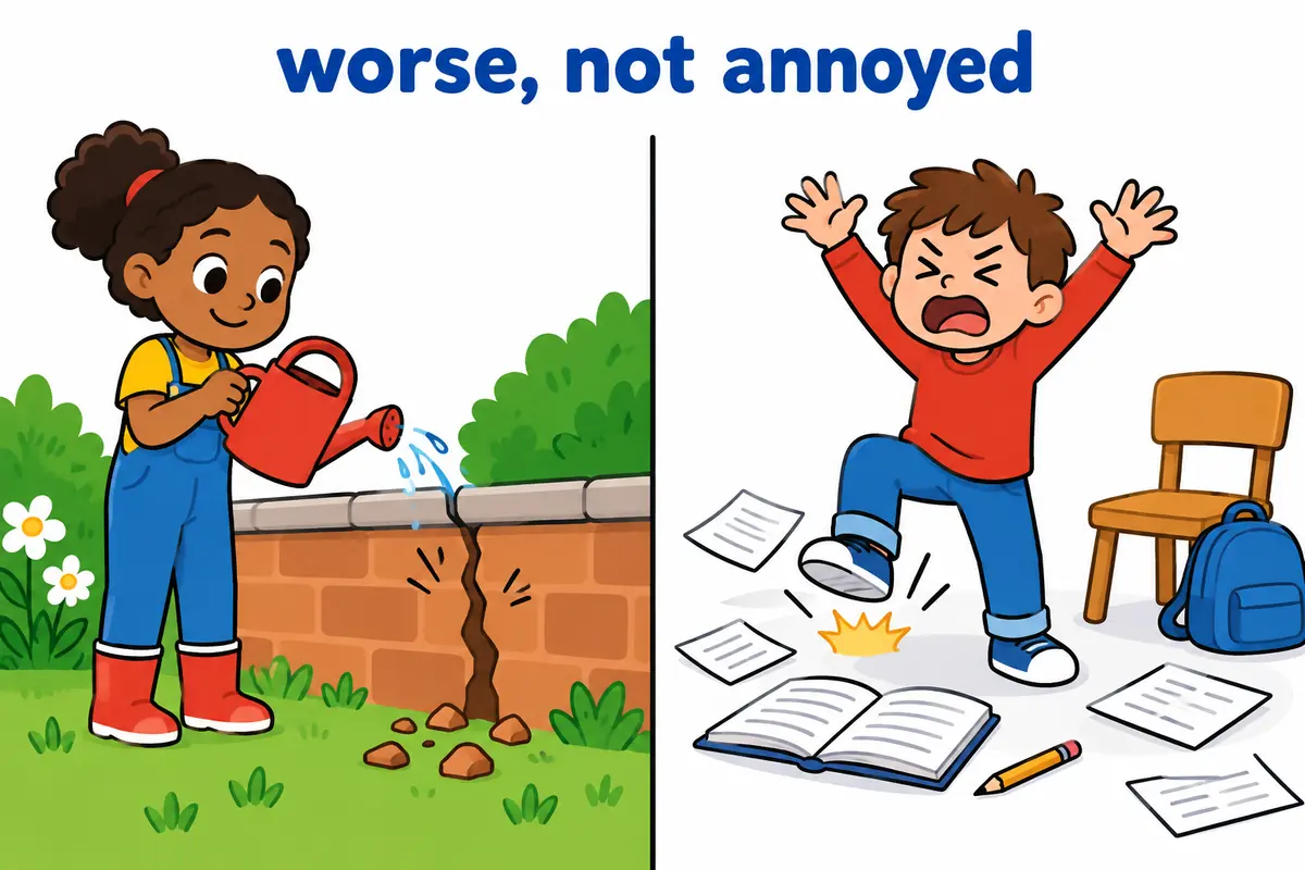A cartoon split scene contrasts a widening crack in a wall with a frustrated child throwing up their hands.