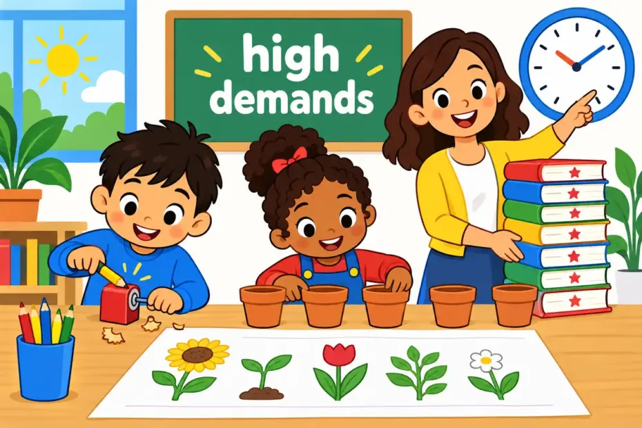 Cartoon pupils face an exacting science task while a calm teacher points to a tall stack of marked books.