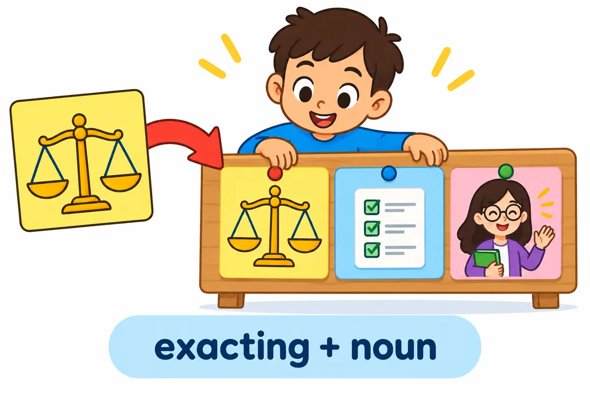 Cartoon cards show the word exacting standing in front of three nouns: standards, a task and a teacher.