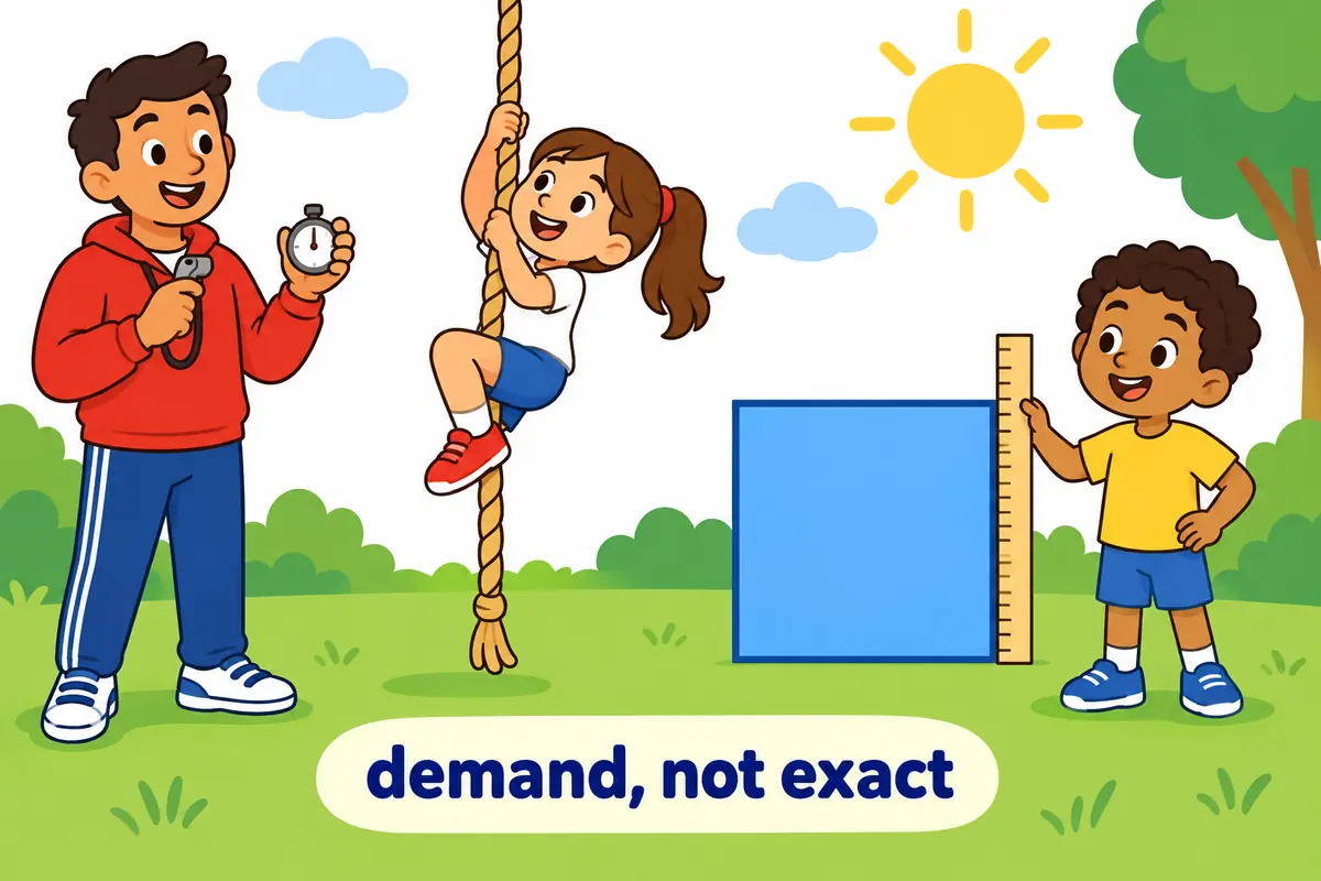 A cartoon single scene contrasts an exacting coach with a pupil holding a precise ruler.