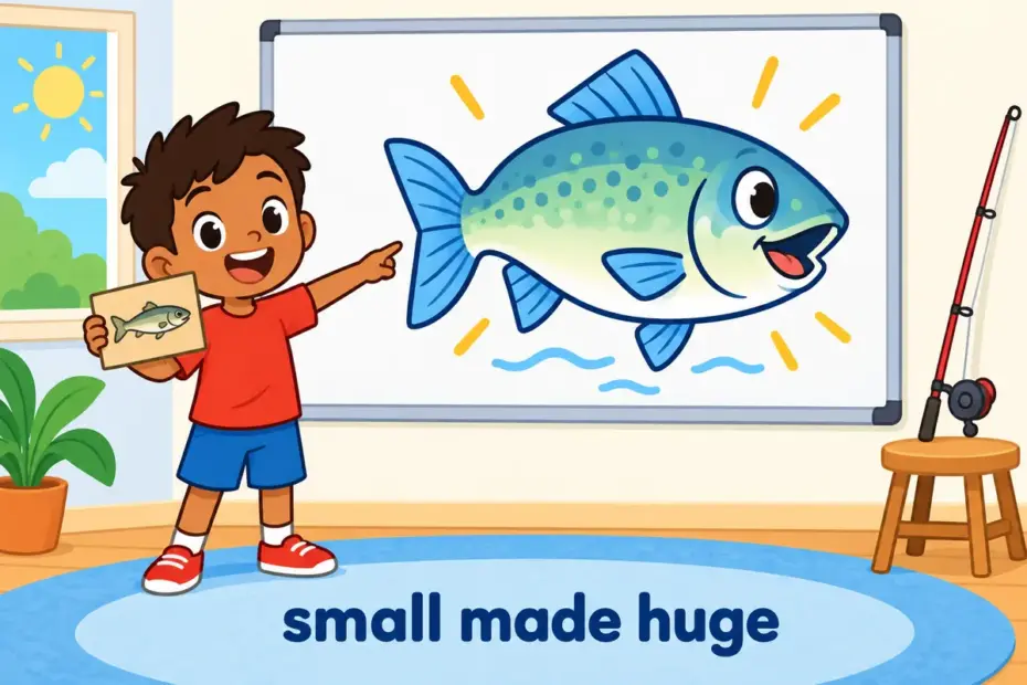 Cartoon child holds up a picture of a tiny fish above a giant painted fish, showing exaggerate in a sentence as stretching a story.