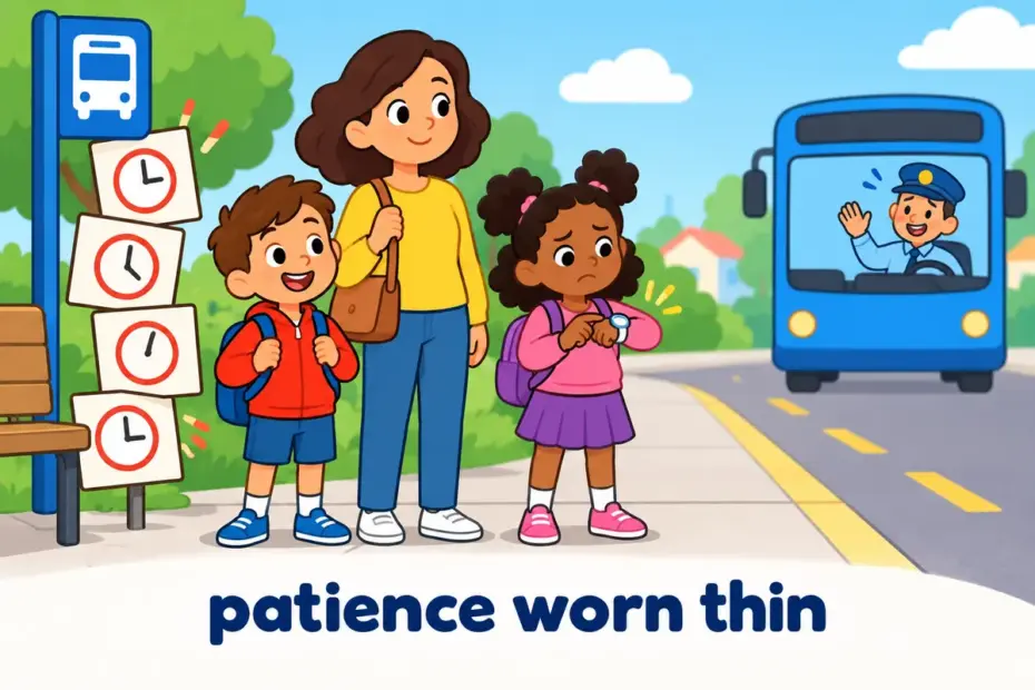 Cartoon children wait while a clock shows repeated delays, showing exasperate in a sentence as strong, repeated frustration.