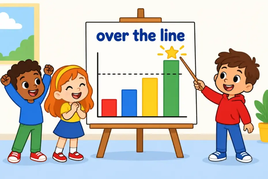 Cartoon children watch a rising bar chart pass a dotted line, showing exceed in a sentence as going beyond a target.