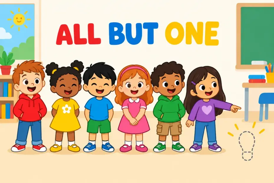 Cartoon children line up with one empty space beside a single child, showing except in a sentence as an omission.