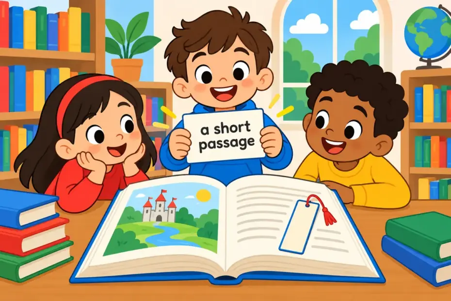 Cartoon pupils read a single card lifted from a thick storybook, showing an excerpt in a sentence as a selected passage.
