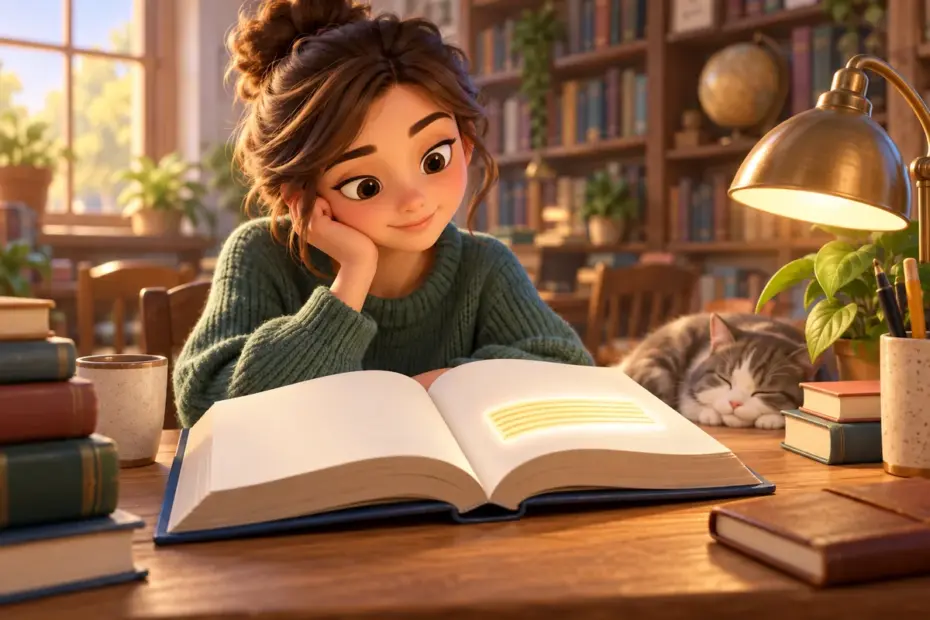 A student reads a short passage from an open book.