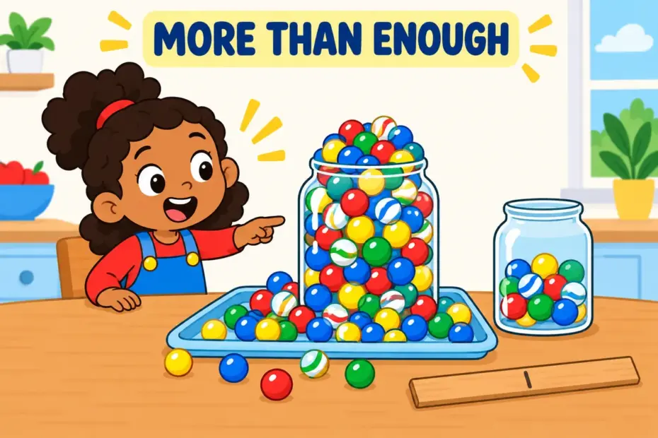 Cartoon child watches a jar overflow with marbles beside a smaller jar, showing excess in a sentence as more than is needed.