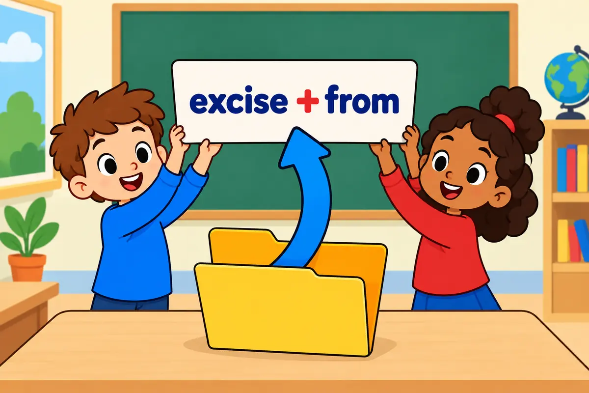 Cartoon hands slide a paper clause out of a folder through an arrow labelled from in a grammar board scene.