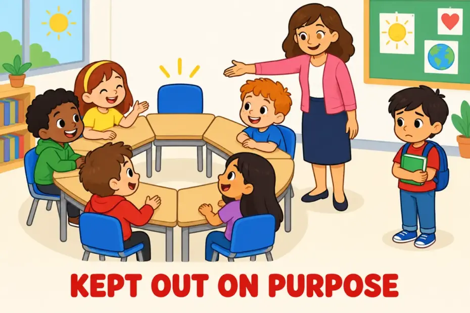 Cartoon children sit in a ring of desks while one child stands outside, showing exclude in a sentence as keeping someone out.