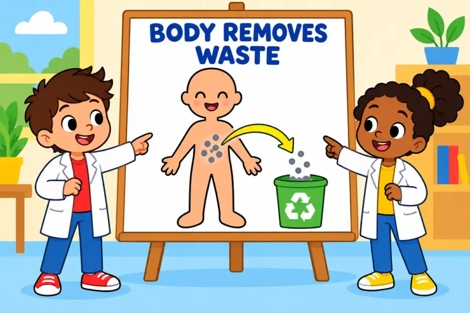 Cartoon children study a friendly body diagram with a bright arrow carrying waste away, showing excrete in a sentence as removal.