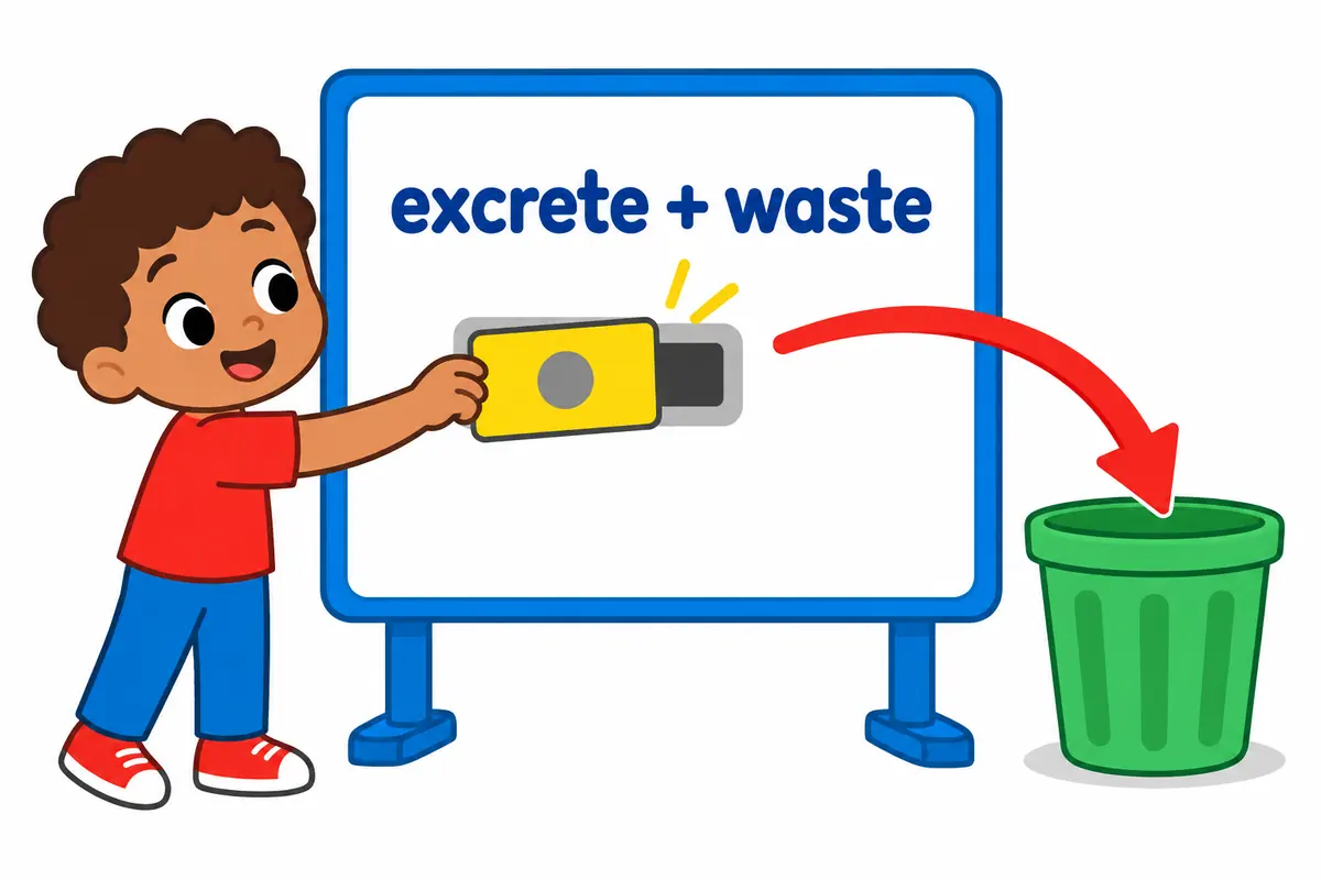 A cartoon body diagram shows waste travelling along a bright arrow out of the body, illustrating excrete in a sentence as removing waste.