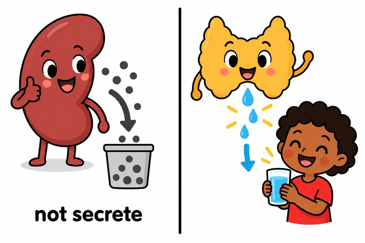 A cartoon split scene contrasts a kidney releasing waste with a gland releasing saliva, showing that secrete is not excrete.