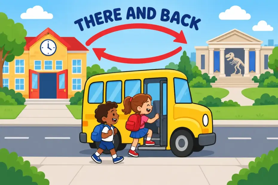 Cartoon pupils board a small bus for a museum excursion, showing excursion in a sentence as a short return trip.