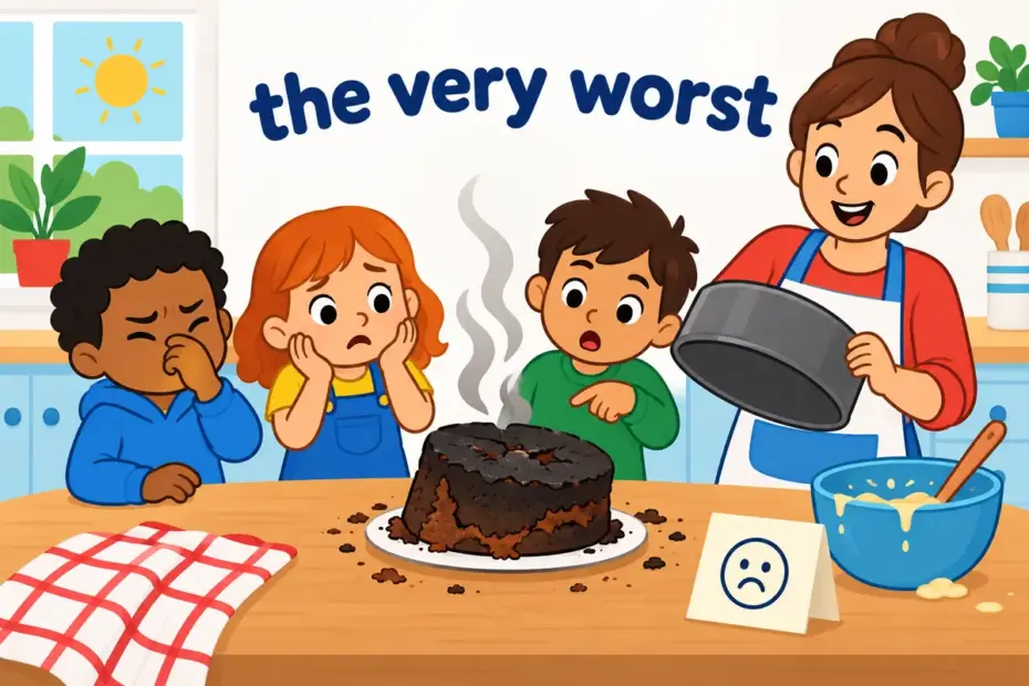 Cartoon children hold their noses over a burnt, ruined cake, showing something execrable that is extremely bad in quality.