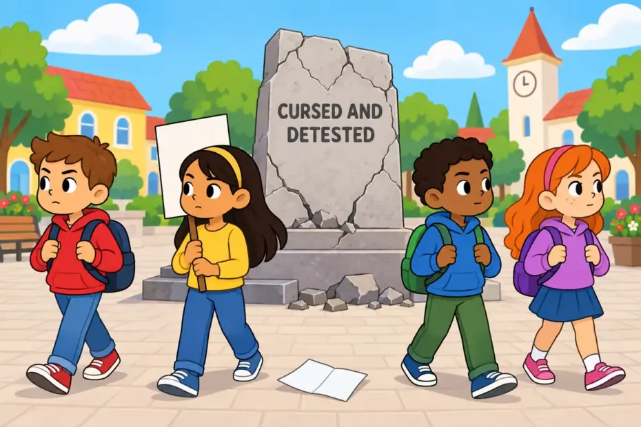 Cartoon townspeople turn away from a broken statue while one holds a blank sign, showing execrate in a sentence as intense public rejection.