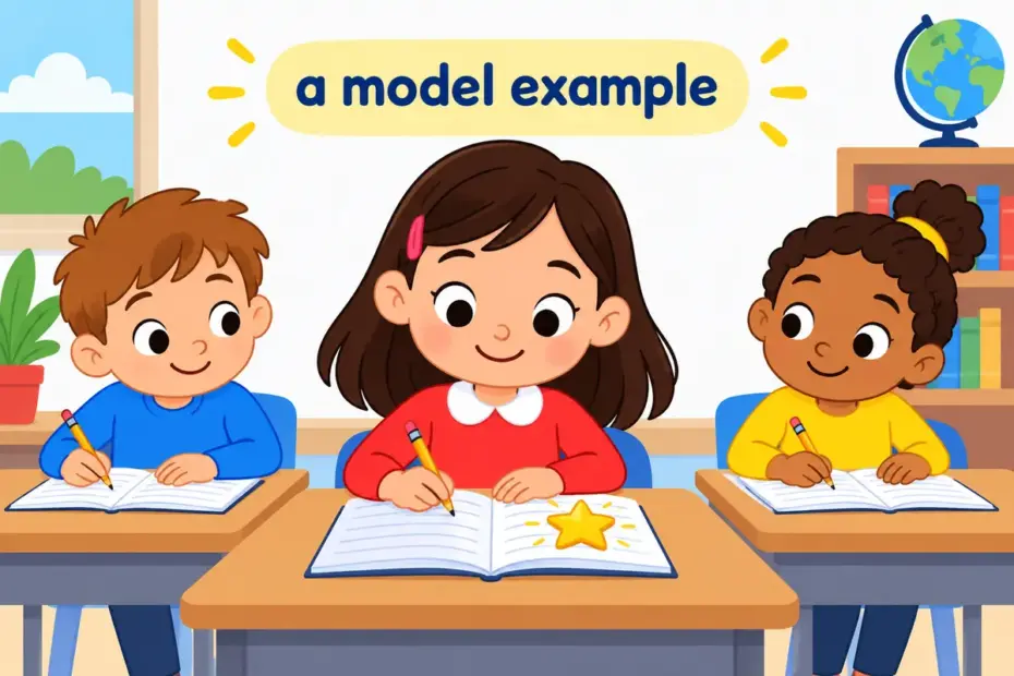 Cartoon pupils copy a tidy, careful classmate, showing exemplary in a sentence as behaviour worth following.