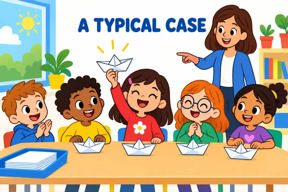 Cartoon pupils hold up one tidy paper boat as an exemplify in a sentence model of good teamwork.
