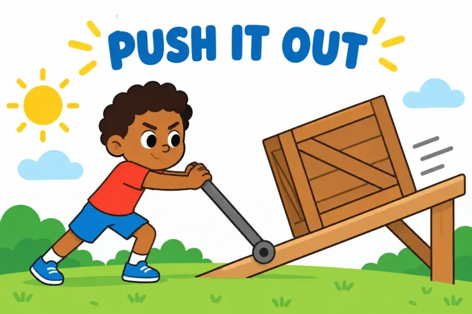A cartoon child pushes a lever to move a heavy crate, showing exert in a sentence as applied force.