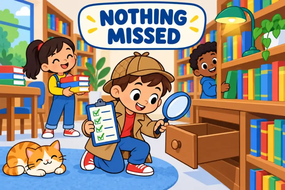 A cartoon detective with a magnifying glass checks every drawer, showing exhaustive in a sentence as complete coverage.