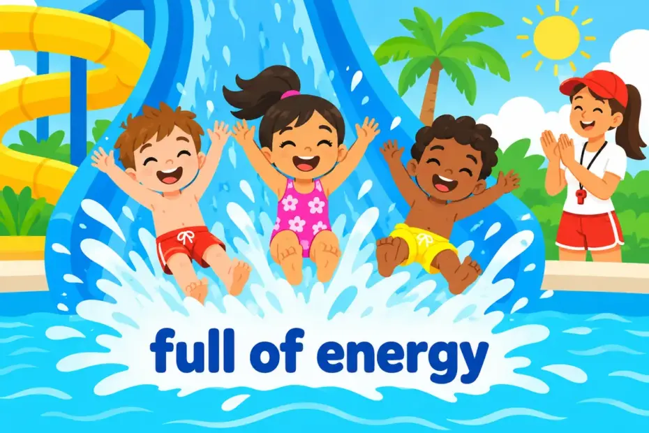 Cartoon children cheer as they rush down a water slide, showing exhilarate in a sentence as a joyful lift.