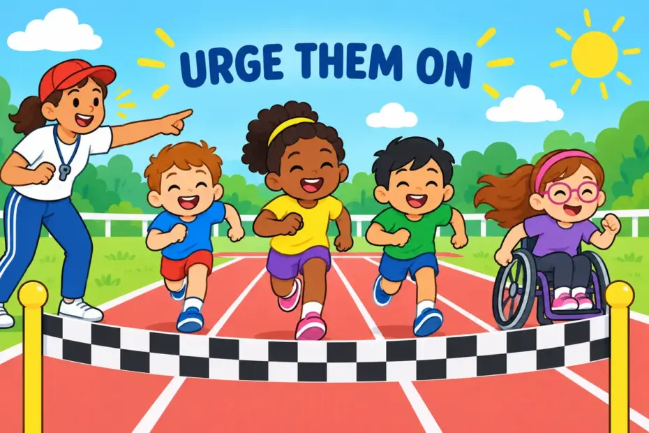 Cartoon coach calls to running children on a track, showing exhort in a sentence as urging others onward.