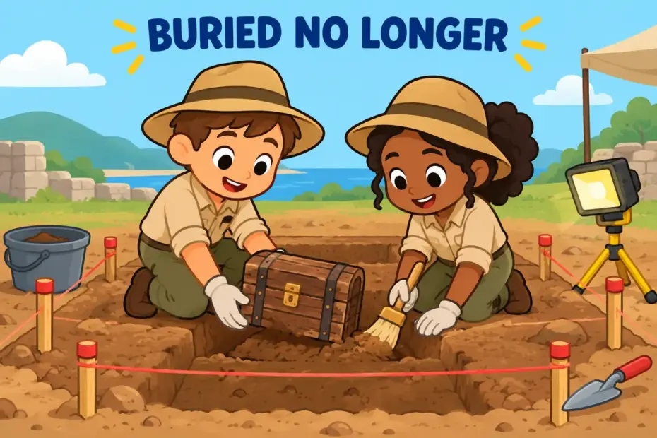 Cartoon archaeologists lift a sealed chest from a tidy plot under a lamp, showing exhume in a sentence as bringing a buried thing to light.