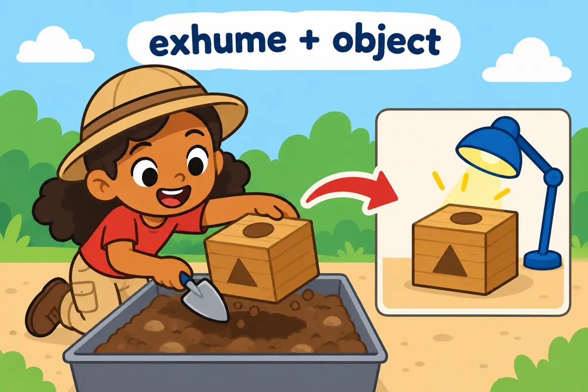 Cartoon cards show a trowel lifting a labelled box while a second card shows the same box examined under a lamp.