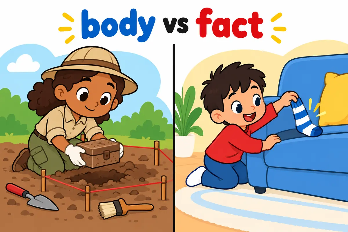 A cartoon split scene contrasts an archaeologist lifting a sealed box from a marked grave with a child simply finding a lost sock.