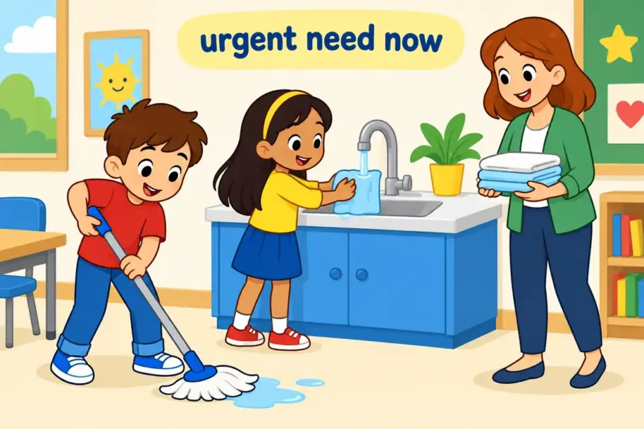 Cartoon pupils mop a small spill at once, showing exigency in a sentence as an urgent need demanding action.