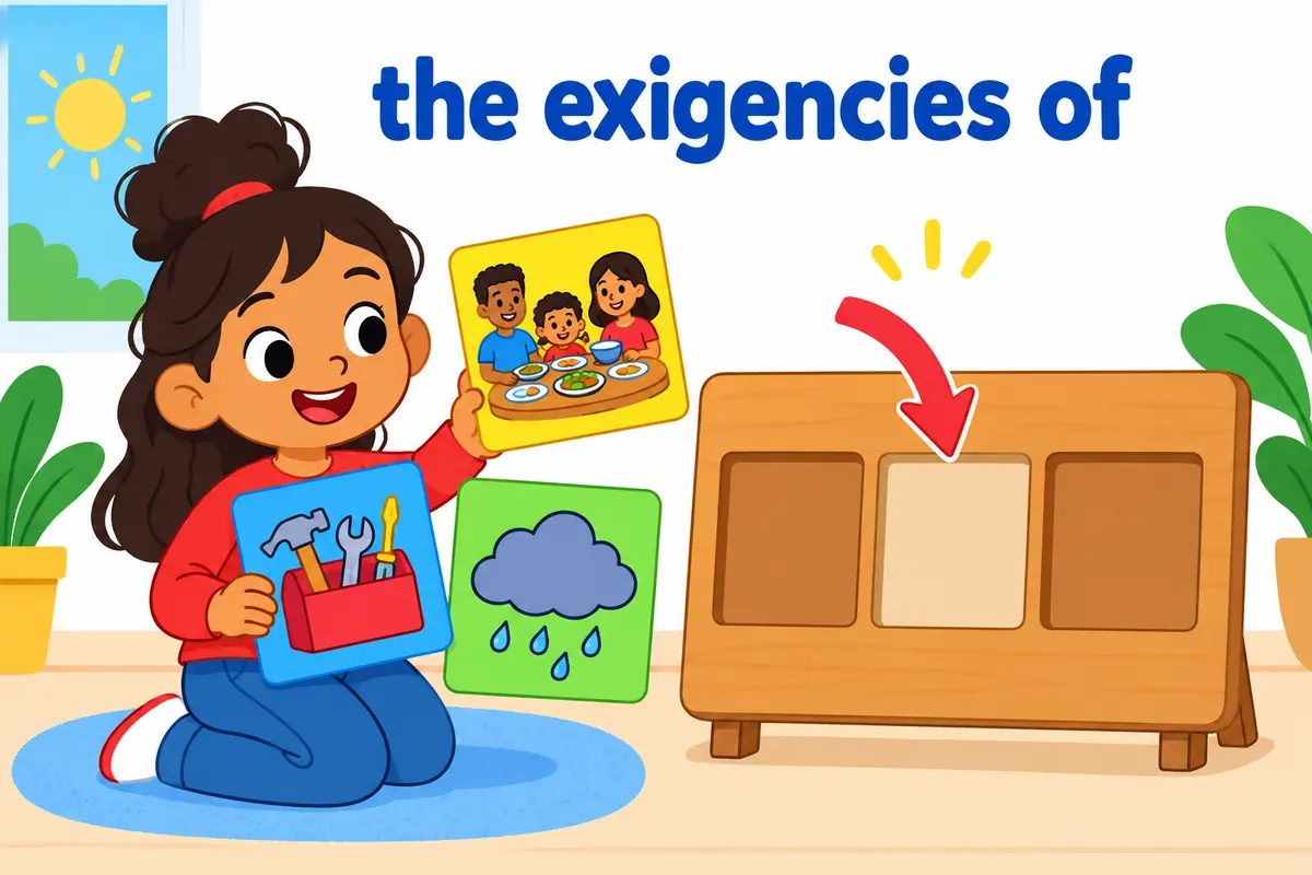 Three cartoon cards show the plural pattern the exigencies of before daily life, a job and a storm.