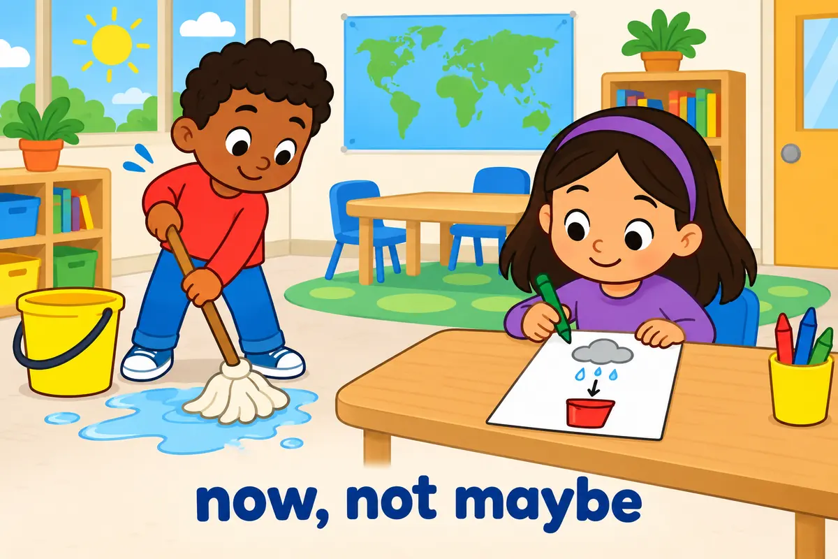 A child mops a spill happening now as a classmate plans for a possible future leak, contrasting an exigency with a contingency.