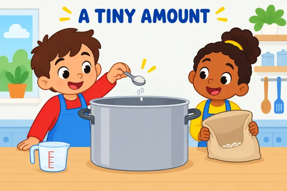A cartoon child pours a tiny spoonful of rice into a large pot, showing exiguous in a sentence as a very small amount.