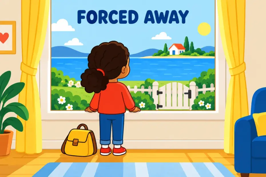 Cartoon child stands at a window looking toward a distant home across water, showing exile in a sentence as forced separation.