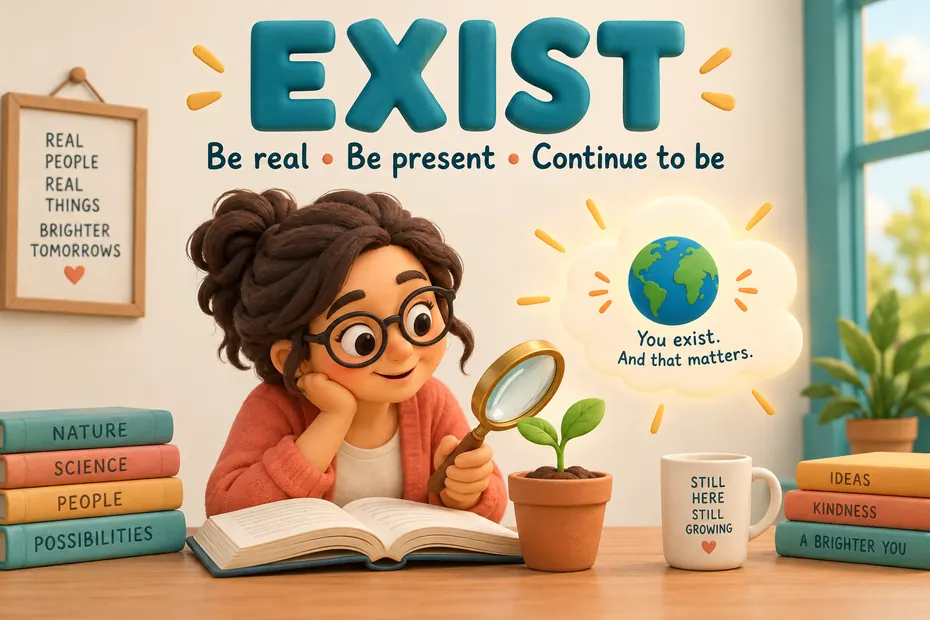 Exist means be real, be present, or continue to be.