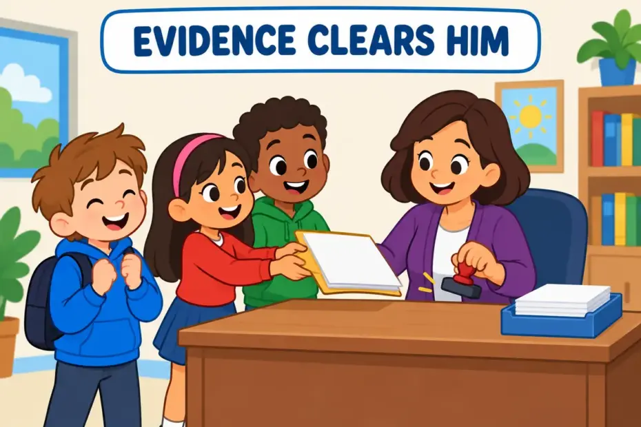 Cartoon children show a folder of evidence to a relieved friend, illustrating exonerate in a sentence as clearing blame officially.
