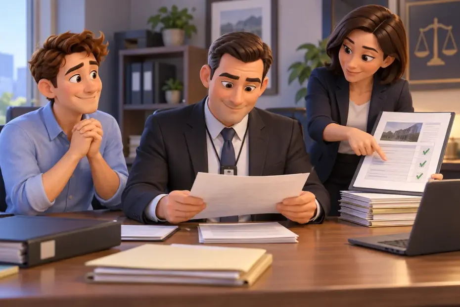 An investigator and a colleague review clear records that remove suspicion from a worker.